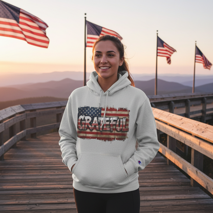 Champion Hoodie - Grateful Vintage American Flag Design - Red White Blue Backdrop - S - 3XL