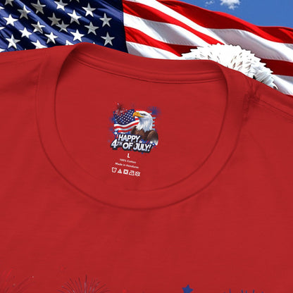 Happy 4th of July,  Print Design, Unisex T-Shirt, Patriotic Print Design, Independence Day Shirt, Red White Blue Shirt, USA Tee Gift, Gift For Her, Gift For Him, American Flag, Bald Eagle