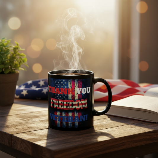 Thank You Veteran! - Freedom - Black Ceramic Coffee Mug — Patriotic Vintage American Flag - Red White & Blue Tribute (11oz & 15oz)