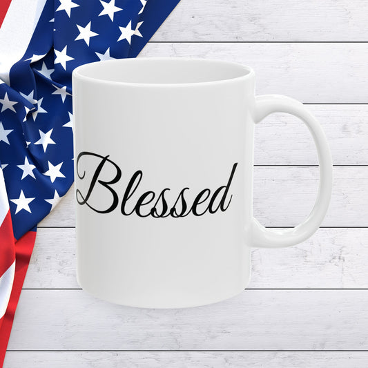 Blessed Black Print White Ceramic Mug | Inspirational Coffee Cup | Gift for Friends, Family | Home Decor, Kitchenware, Motivational Drinkware
