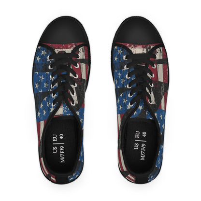 Eye-Catching - All Over Print - USA - Red White & Blue - Low Top Sneakers - Choice of White Sole - or Black Sole
