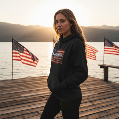 Champion Hoodie - Grateful Vintage American Flag Design - Red White Blue Backdrop - S - 3XL