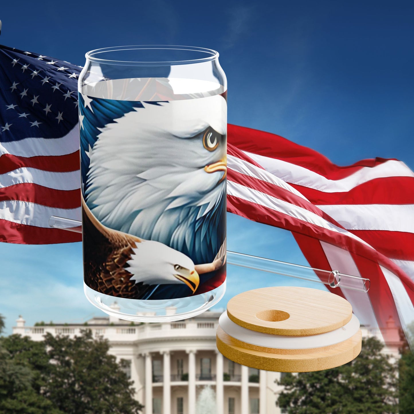 Patriotic American Eagle Sipper Glass - 16oz with Bamboo Lid & Straw - USA Gift