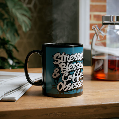 Coffee Lover's 11oz & 15oz Sleek Black Ceramic Mug - Stressed, Blessed & Coffee Obsessed Print, Gift for Coffee Lovers, Gift For Her, Inspirational Mug, Home & Office, Fun Gift Idea