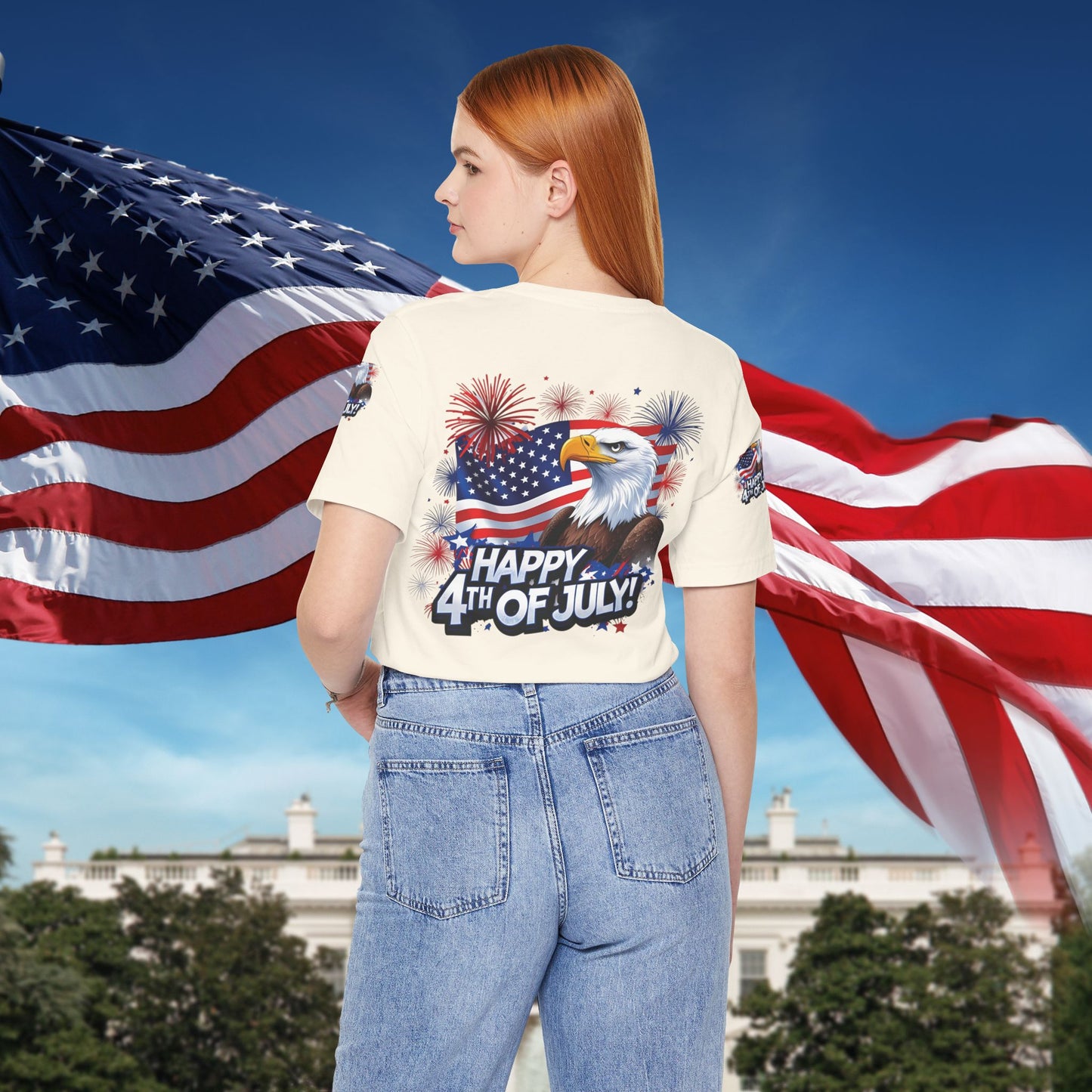 Happy 4th of July,  Print Design, Unisex T-Shirt, Patriotic Print Design, Independence Day Shirt, Red White Blue Shirt, USA Tee Gift, Gift For Her, Gift For Him, American Flag, Bald Eagle