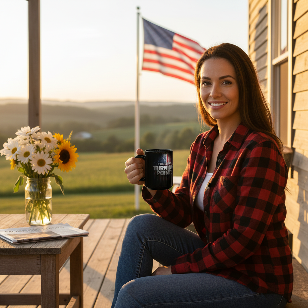 Charlie Kirk - This Is The Turning Point! - American Flag Backdrop - Sleek Black Ceramic Mug - 11oz - 15oz
