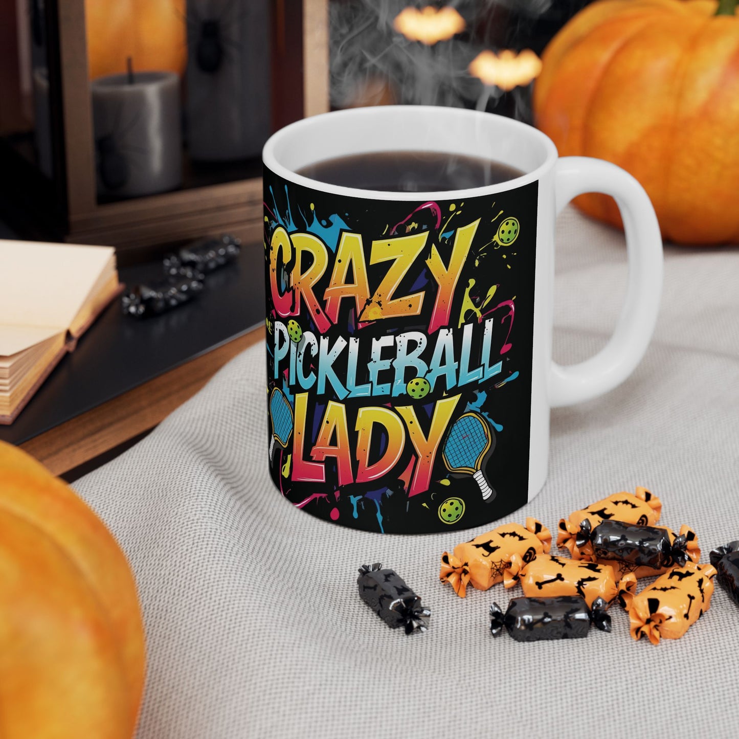 Colorful Crazy Pickleball Lady Mug, 11oz & 15oz, Fun Sports Gift for Pickleball Enthusiasts, Unique Ceramic Coffee Cup, Perfect for Birthdays