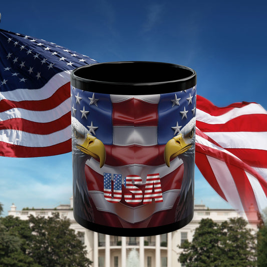 Patriotic USA Bald Eagle Ceramic Coffee Mug – Red, White & Blue American Flag Cup – Black Ceramic 11oz & 15oz – Veterans Day Gift, Independence Day Decor