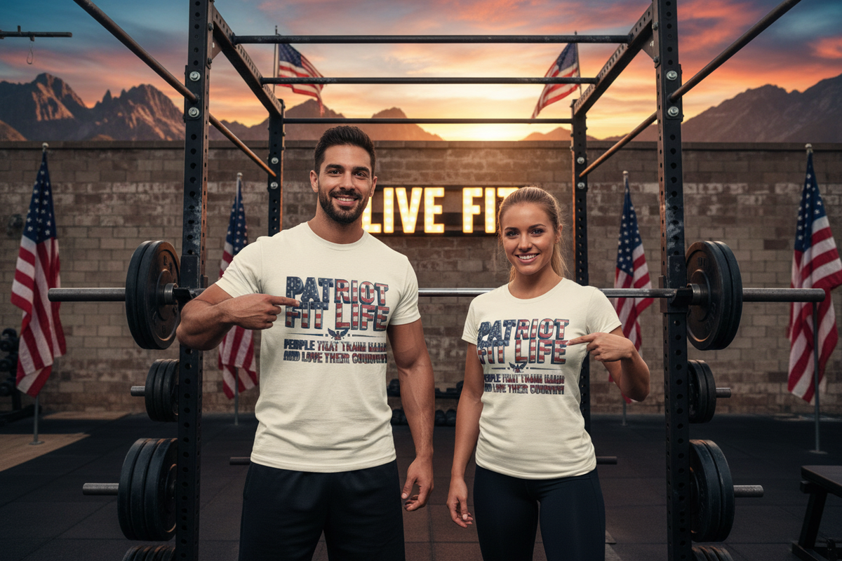 Two people standing in a gym in front of a power rack, wearing matching cream T-shirts with a patriotic graphic that reads 'PATRIOT FIT LIFE' and smaller text below. The background shows a brick wall with a lit 'LIVE FIT' sign, mountains, American flags, and a sunset sky.