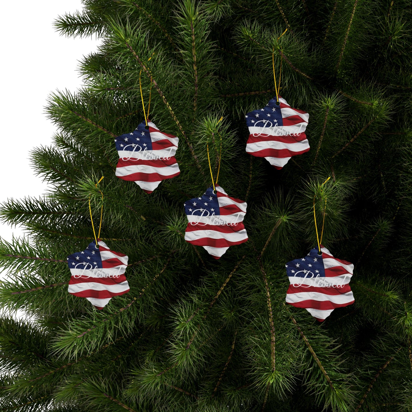 Ceramic Ornaments - White Blessed Print - American Flag Backdrop - Red White & Blue Design (1-10pcs)