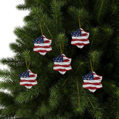 Ceramic Ornaments - White Blessed Print - American Flag Backdrop - Red White & Blue Design (1-10pcs)