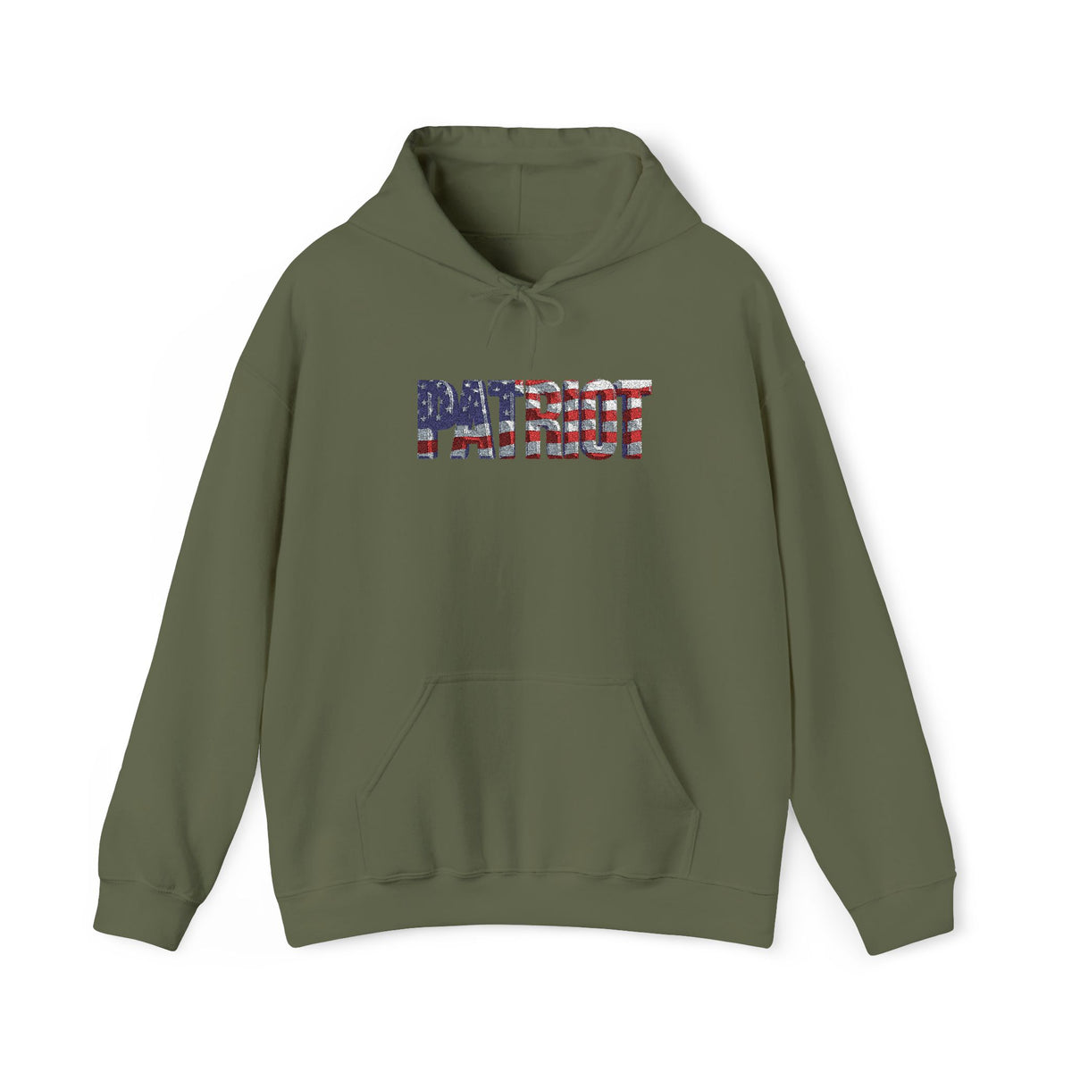 Military green hoodie with an embroidered PATRIOT logo on the chest against a white background.