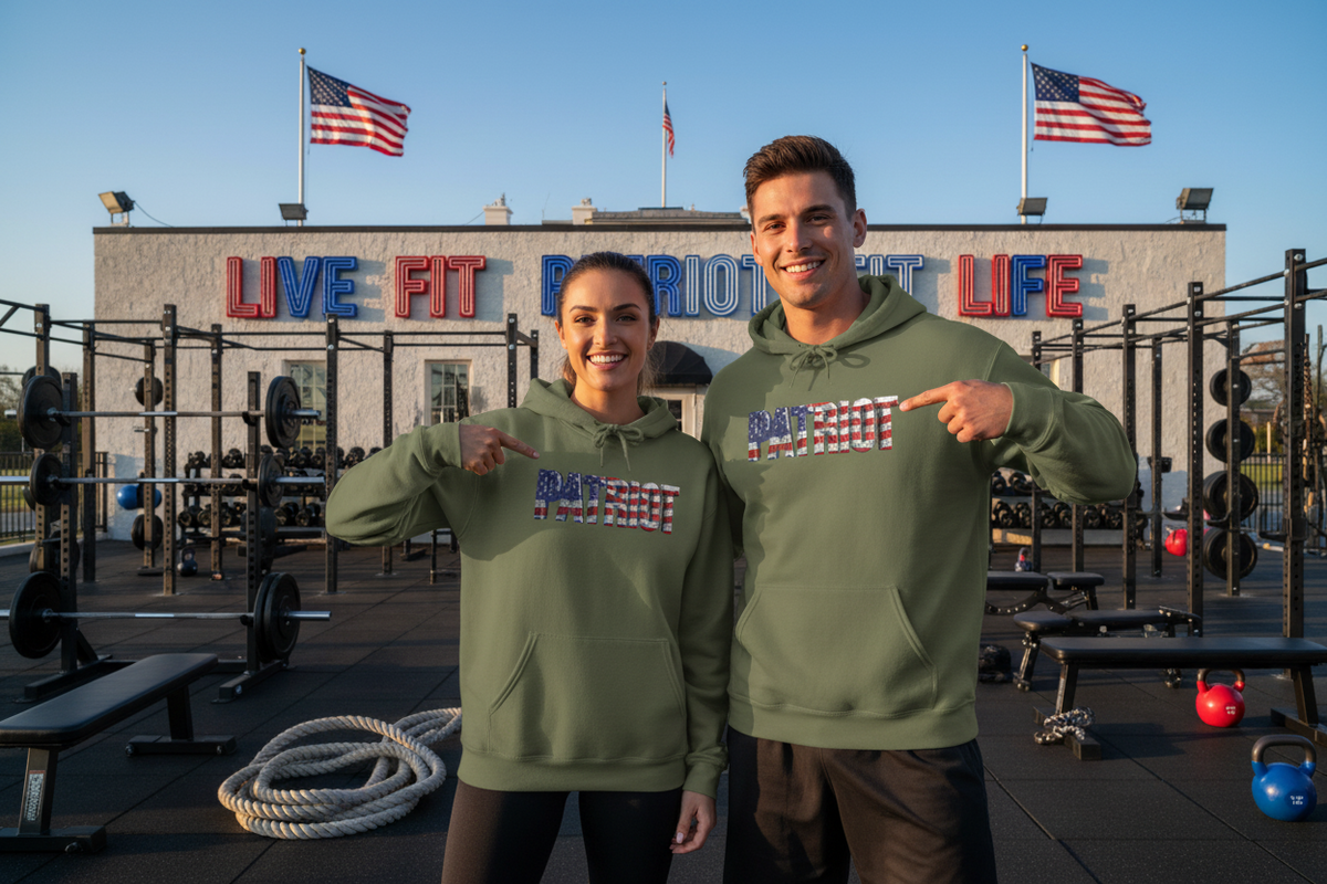 Patriot Flag Hoodie — American Flag Embroidered 'PATRIOT' Graphic Sweatshirt - Patriot Fit Life