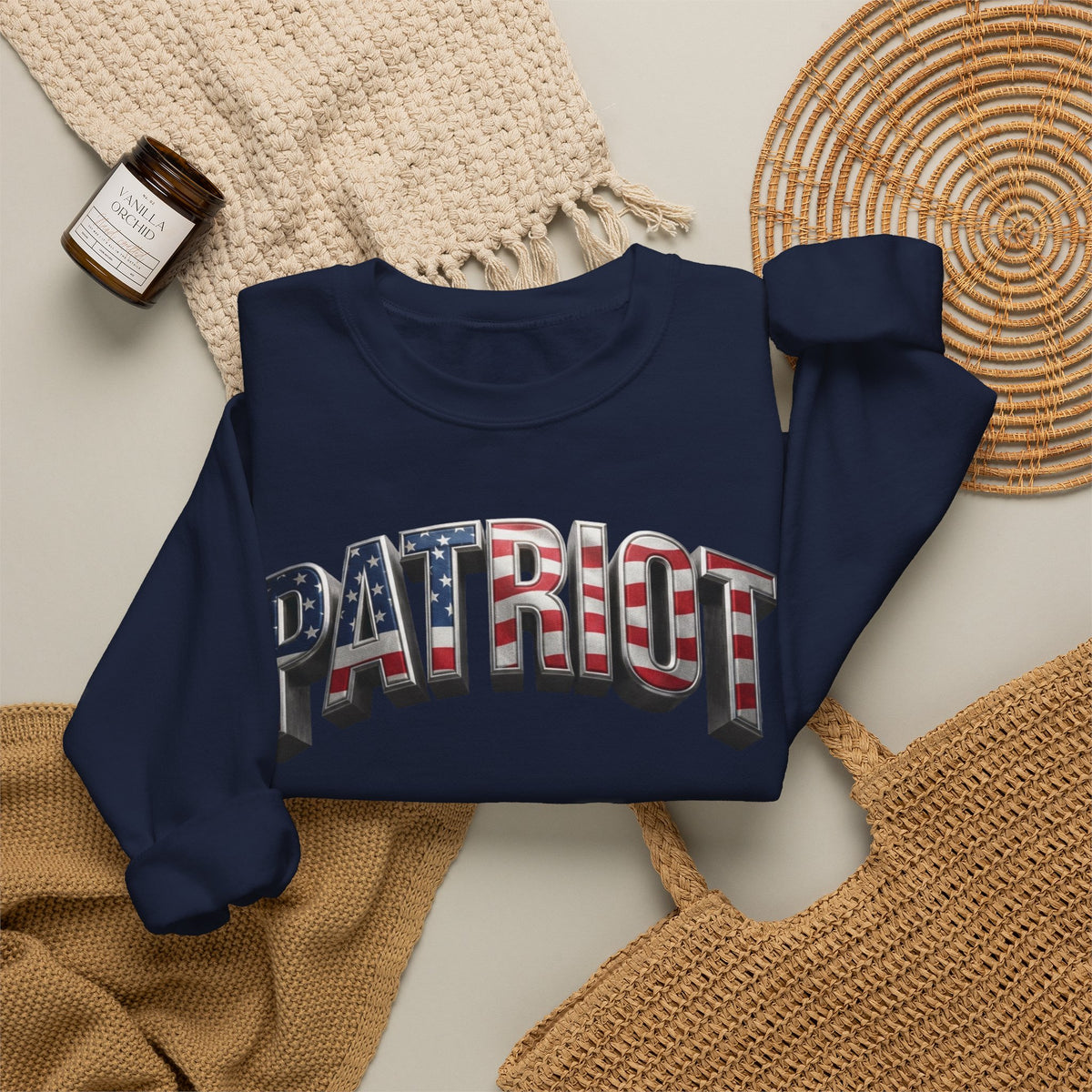 Patriot Crewneck Sweatshirt — American Flag Text Graphic