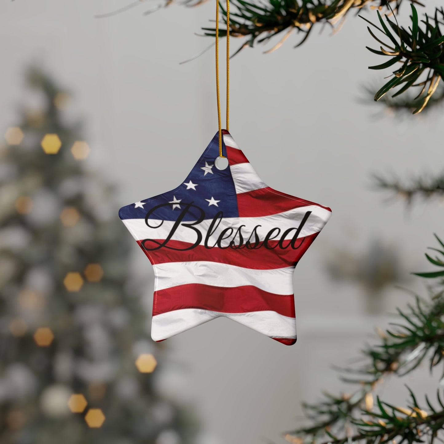 Ceramic Ornaments - Patriotic - Blessed Print - American Flag Backdrop - Red White & Blue