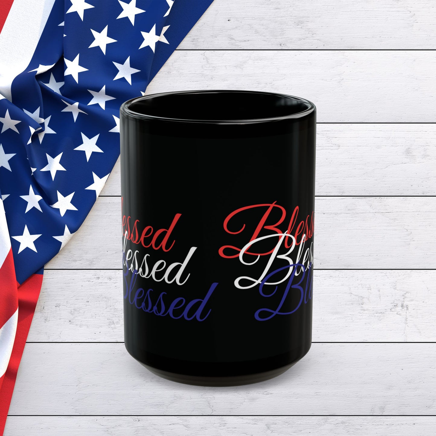 Ceramic Black Mug -  11oz - 15oz - Blessed Red White & Blue Print - American Flag Colors - Ideal for Veterans Day and Independence Day