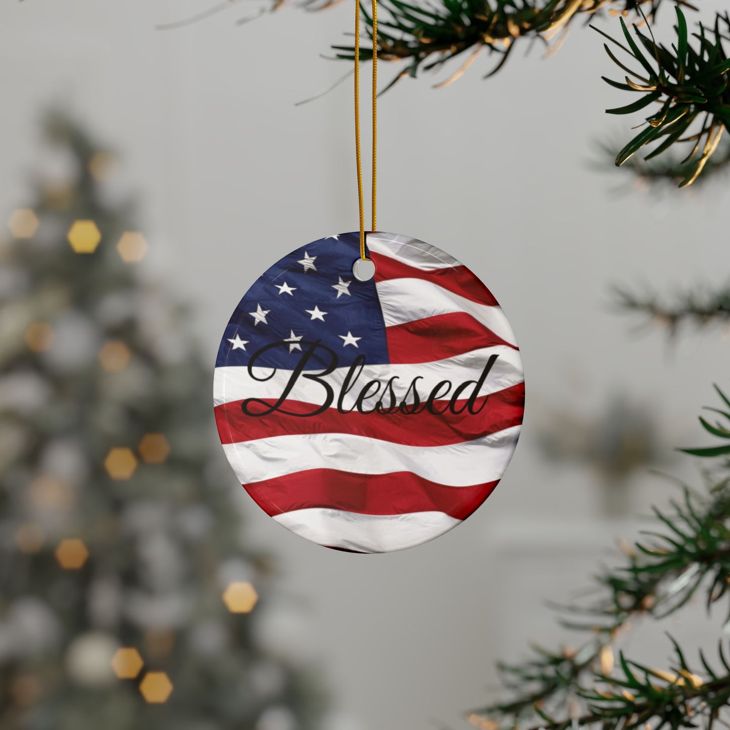 Ceramic Ornaments - Patriotic - Blessed Print - American Flag Backdrop - Red White & Blue