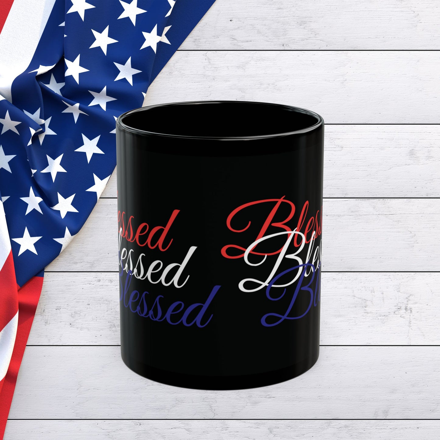 Ceramic Black Mug -  11oz - 15oz - Blessed Red White & Blue Print - American Flag Colors - Ideal for Veterans Day and Independence Day