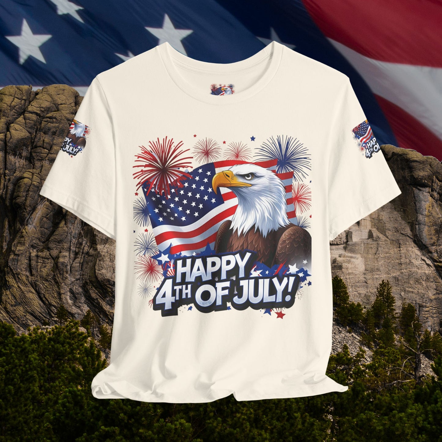 Happy 4th of July,  Print Design, Unisex T-Shirt, Patriotic Print Design, Independence Day Shirt, Red White Blue Shirt, USA Tee Gift, Gift For Her, Gift For Him, American Flag, Bald Eagle