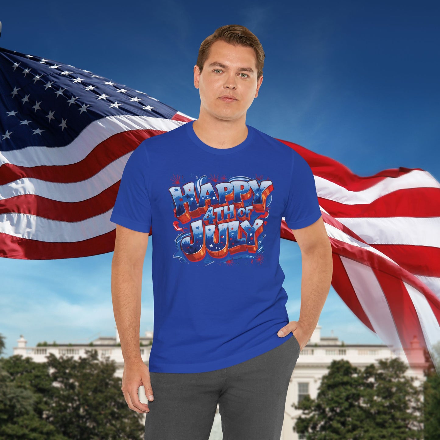 Happy 4th Of July, Print Design T-Shirt, Independence Day, American Flag, Bald Eagle, Red White Blue