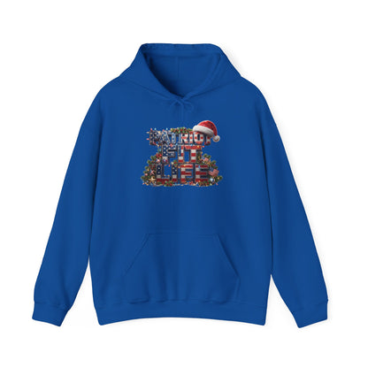 Patriot Fit Life Christmas Hoodie - Three-Line Flag & Garland Design | Unisex S-5XL
