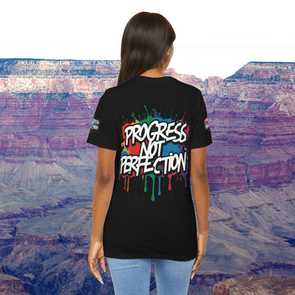 💥 Vibrant   💥   Eye-catching   💥   Motivational    💥 All  Over Print   💥 Unisex T-shirt  💥   Progress  Not  Perfection   💥  Art-Inspired   💥  Apparel  💥  Sizes  XS  x  4XL 💥