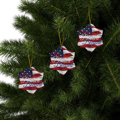 Patriotic Ceramic Ornaments - Blessed Design - American Flag Backdrop - Red White & Blue Blessed Print Design - (Multi-Pack) Options (1, 3, 5, or 10 pieces)