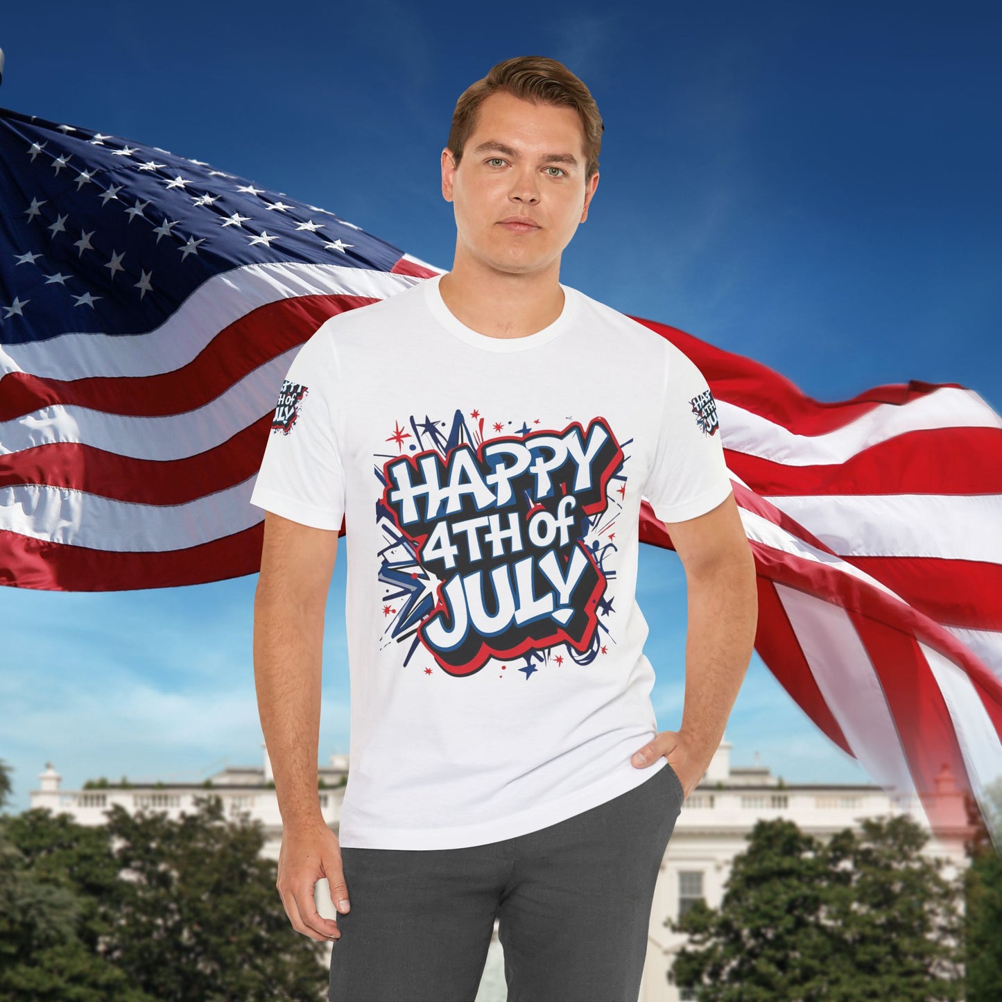 Happy 4th Of July Unisex Jersey Short Sleeve Tee, Independence Day T-Shirt, Patriotic Shirt, Red White Blue Tee, USA Celebration Top
