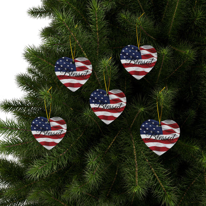 Ceramic Ornaments - Patriotic - Blessed Print - American Flag Backdrop - Red White & Blue