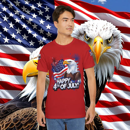 Happy 4th of July,  Print Design, Unisex T-Shirt, Patriotic Print Design, Independence Day Shirt, Red White Blue Shirt, USA Tee Gift, Gift For Her, Gift For Him, American Flag, Bald Eagle