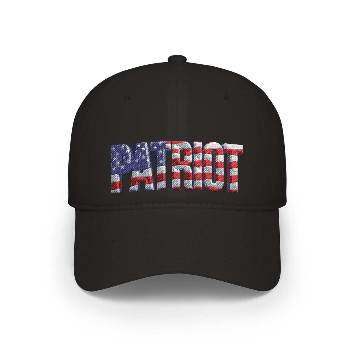 A black baseball cap featuring the word 'PATRIOT' embroidered across the front in an American flag pattern with red and white stripes and white stars on a blue field, shown against a plain white background.