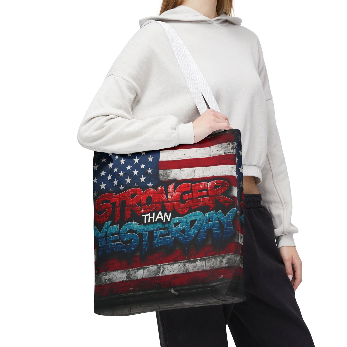 Patriotic Red White Blue Tote Bag - Stronger Than Yesterday - American Flag - Perfect for Fourth of July - Gym - Beach - Shopping - Gifts