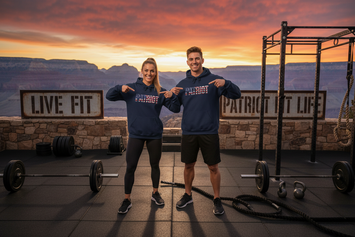 Two people standing on a rooftop gym at sunset wearing matching navy blue hoodies with a patriotic red, white, and blue embroidered PATRIOT graphic across the chest. Barbell racks, battle ropes, and stone signs reading 'LIVE FIT' and 'PATRIOT FIT LIFE' are visible against the Grand Canyon.