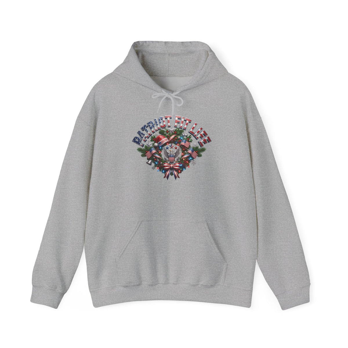 Patriot Fit Life Christmas Gym Hoodie - Eagle Barbell Wreath Americana Graphic | Unisex S-5XL
