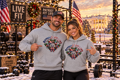 Patriot Fit Life Christmas Gym Hoodie - Eagle Barbell Wreath Americana Graphic | Unisex S-5XL