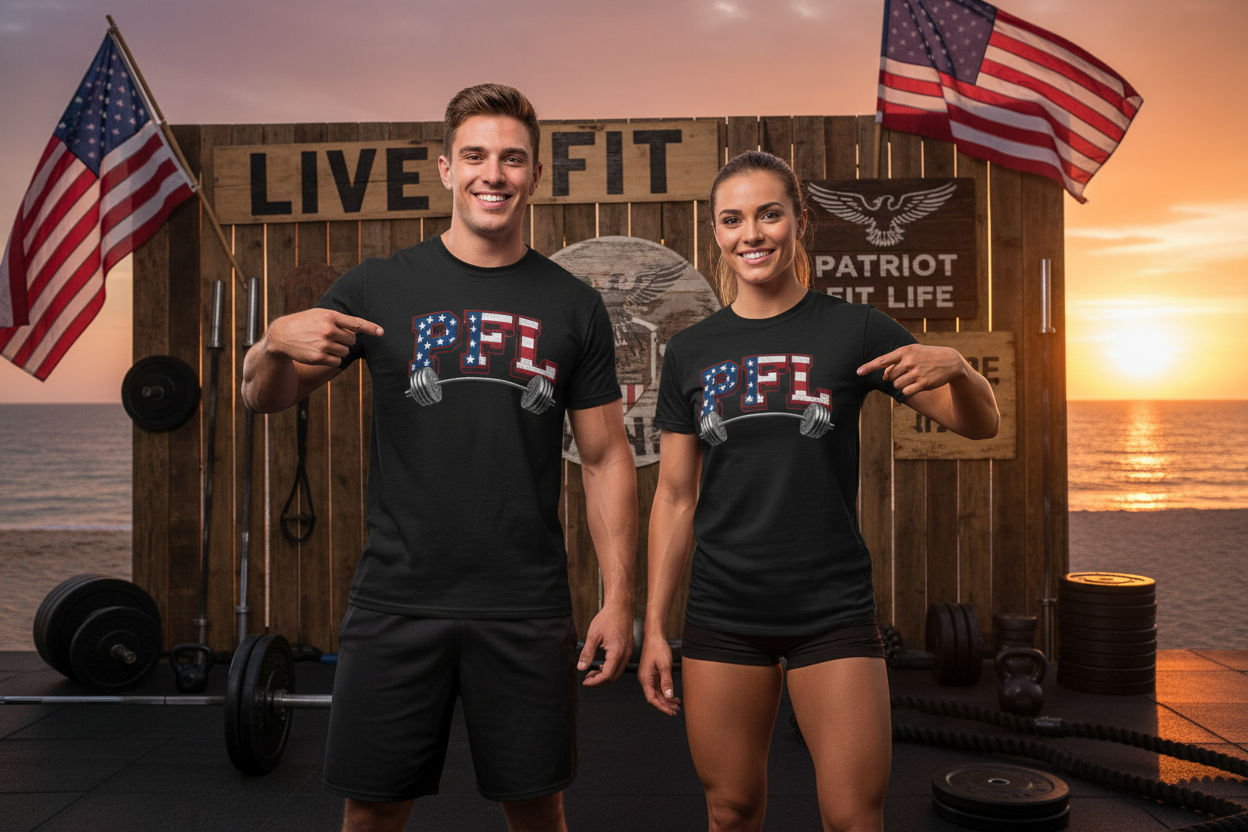 PFL Patriot Fit Life T-Shirt | American Flag Barbell Weightlifting Tee – LIVE FIT