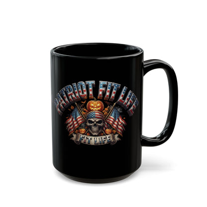 Patriot Fit Life Halloween Coffee Mug - Skull Crossed Flags & Pumpkins | Warrior Edition | 11oz & 15oz