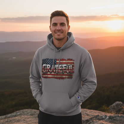 Champion Hoodie - Grateful Vintage American Flag Design - Red White Blue Backdrop - S - 3XL