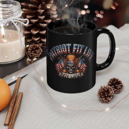 Patriot Fit Life Halloween Coffee Mug - Skull Crossed Flags & Pumpkins | Warrior Edition | 11oz & 15oz
