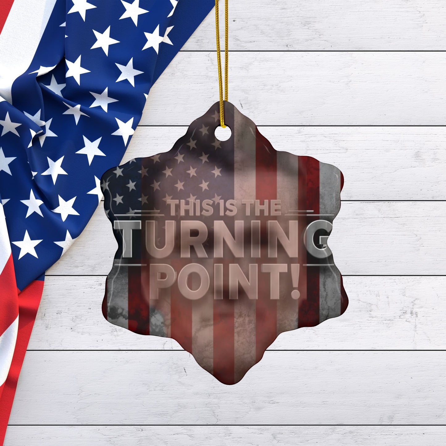 Patriotic Ceramic Ornaments - Charlie Kirk Inspired - This Is The Turning Point! - American Flag Backdrop