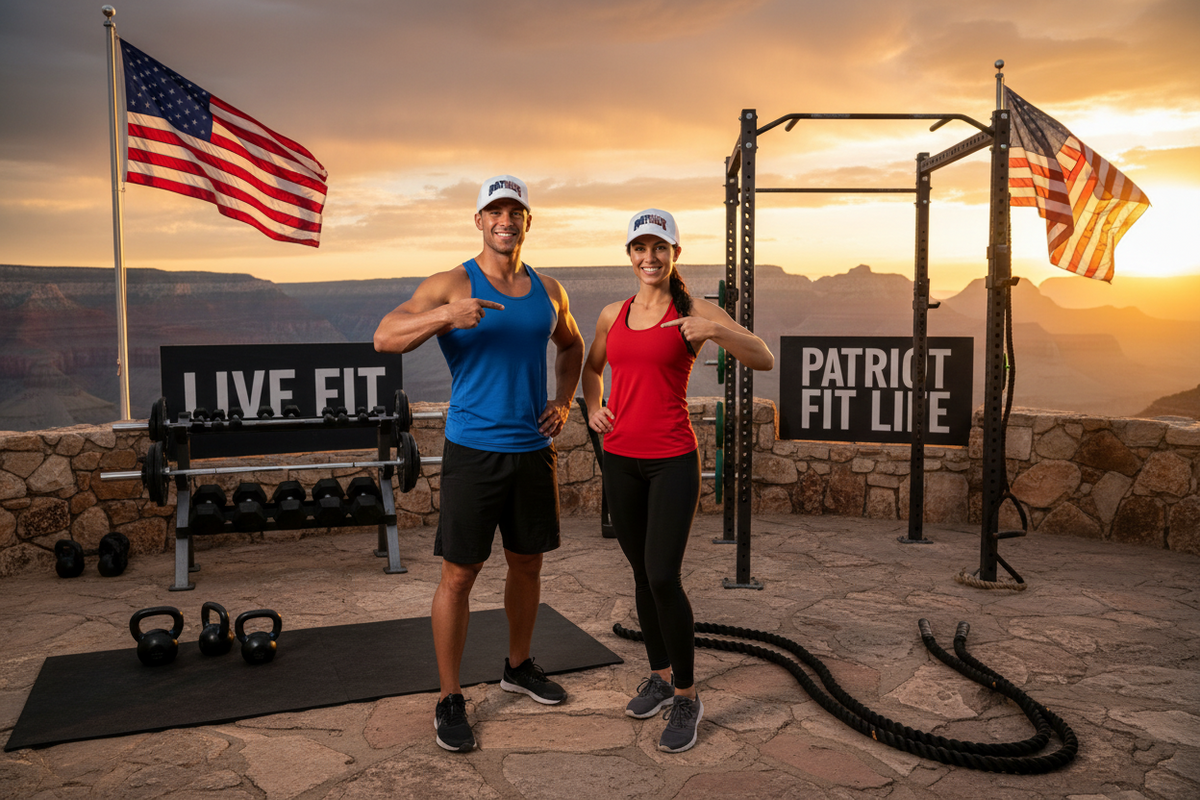 Two fitness enthusiasts posing outdoors on a stone patio with a scenic canyon sunset backdrop. They are flanked by American flags, a pull-up bar, and workout equipment including dumbbells, kettlebells, and battle ropes.
