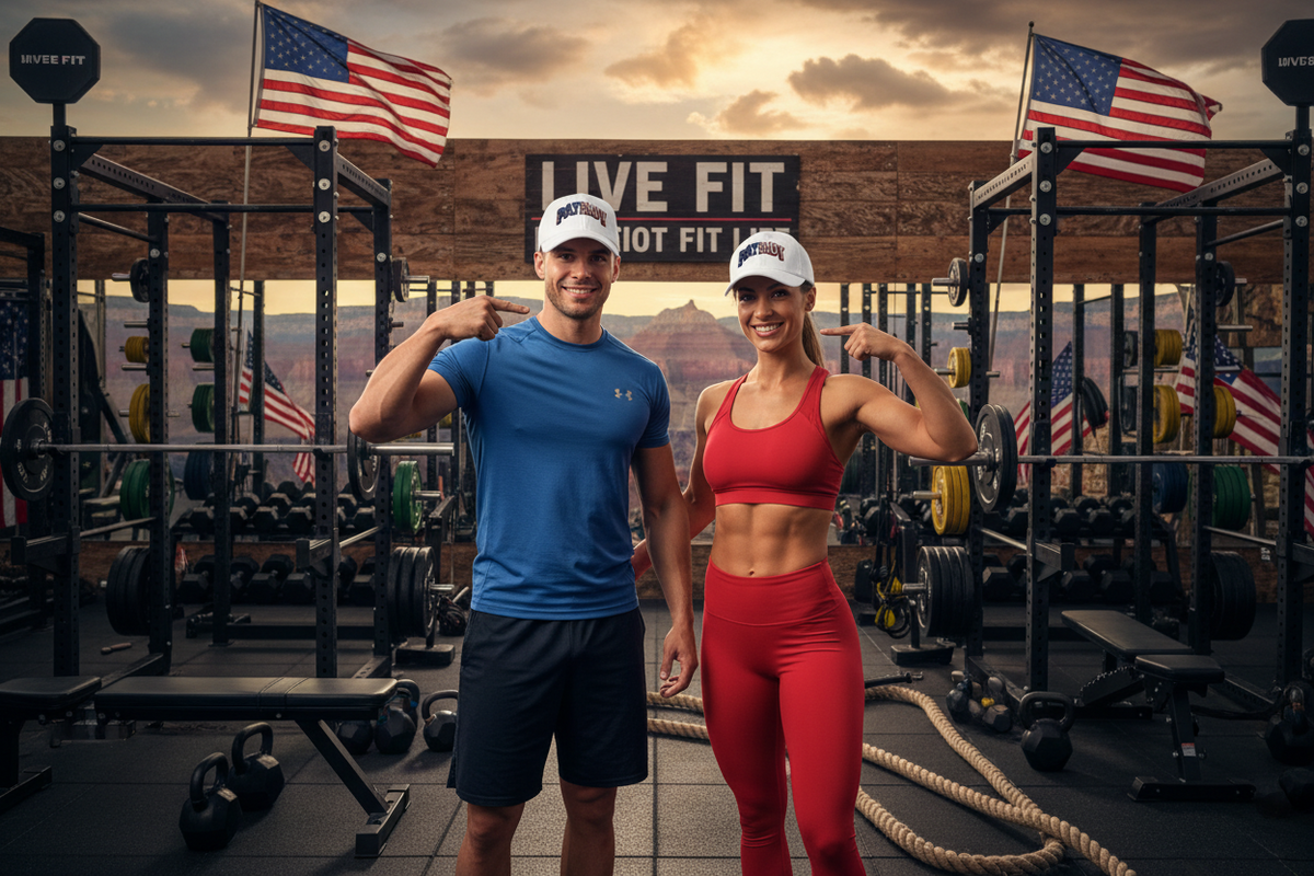 A man and a woman posing in a gym setting, both wearing matching patriotic white hats with a PATRIOT American flag pattern text. The man wears a blue t-shirt and black shorts, while the woman wears a red sports bra and red leggings.