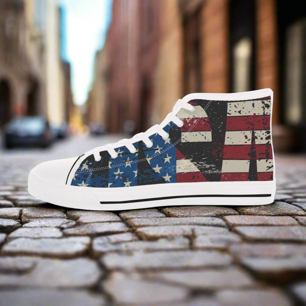 💥USA 💥 Red White & Blue 💥Unisex 💥 High Top Sneakers 💥 Patriotic Vibe 💥 Full Wrap Around Print 💥