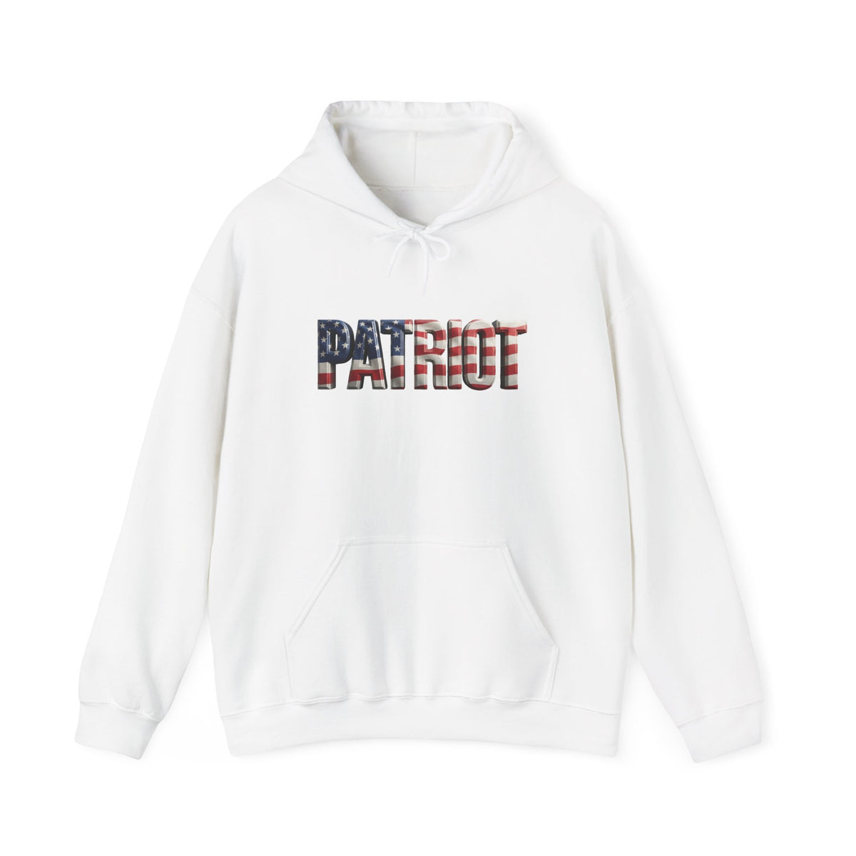 A white pullover hoodie with a front kangaroo pocket and a drawstring hood, featuring the word 'PATRIOT' printed across the chest in an American flag pattern.