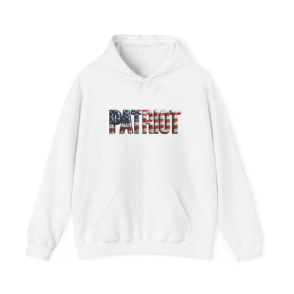 A white pullover hoodie with a front kangaroo pocket and a drawstring hood, featuring the word 'PATRIOT' printed across the chest in an American flag pattern.