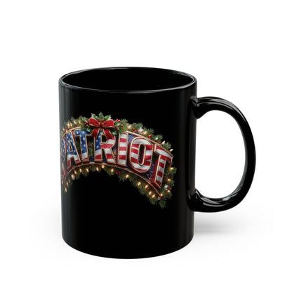 Patriot Holiday Mug — Festive American Flag Lettering on Glossy Black Ceramic Coffee Mug