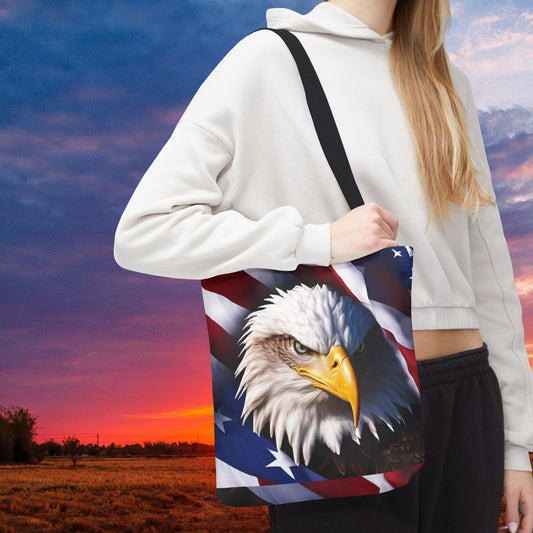Patriotic Stylish American Flag Bald Eagle Red White & Blue All Over Print Tote Bag