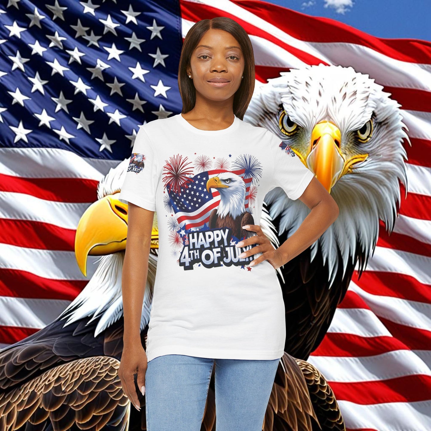 Happy 4th of July,  Print Design, Unisex T-Shirt, Patriotic Print Design, Independence Day Shirt, Red White Blue Shirt, USA Tee Gift, Gift For Her, Gift For Him, American Flag, Bald Eagle