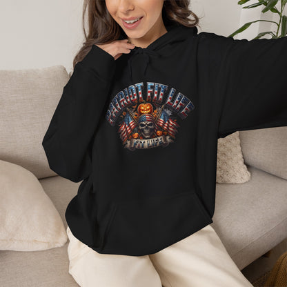 Patriot Fit Life Halloween Hoodie - Skull Crossed Flags & Pumpkins | Warrior Edition | Unisex S-5XL