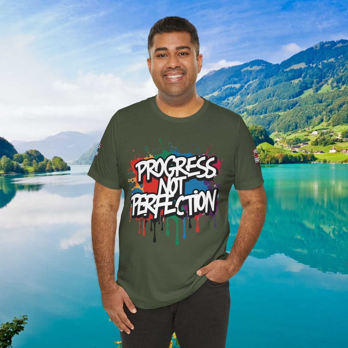 💥 Vibrant   💥   Eye-catching   💥   Motivational    💥 All  Over Print   💥 Unisex T-shirt  💥   Progress  Not  Perfection   💥  Art-Inspired   💥  Apparel  💥  Sizes  XS  x  4XL 💥